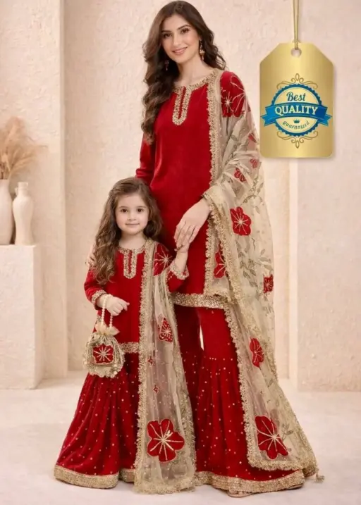 Red Mother Daughter Combo Sharara Salwar Suit