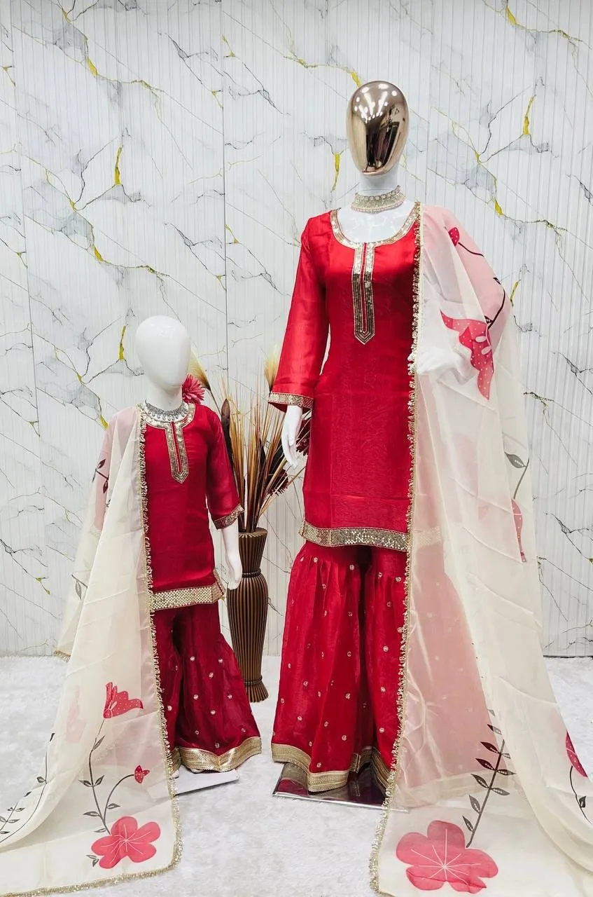 Red Mother Daughter Combo Sharara Salwar Suit - Image 2