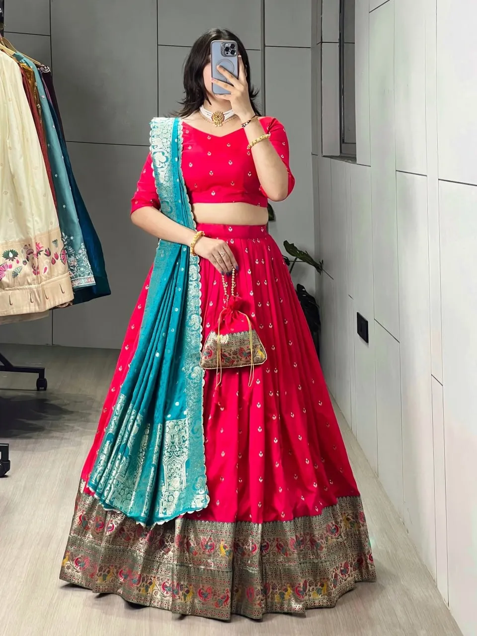 Red Paithani Silk Lehenga for Festive - Image 5