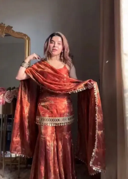 Rust Sleeveless Mirror Kurta Set