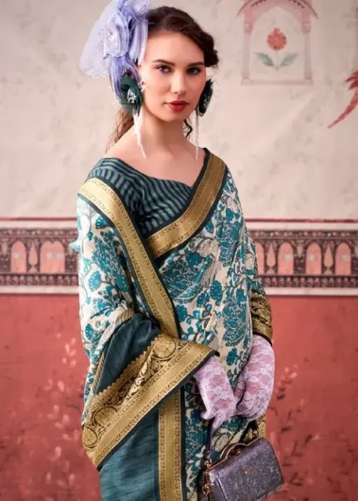 Sea Blue Tasar Silk Floral Printed Saree with Border