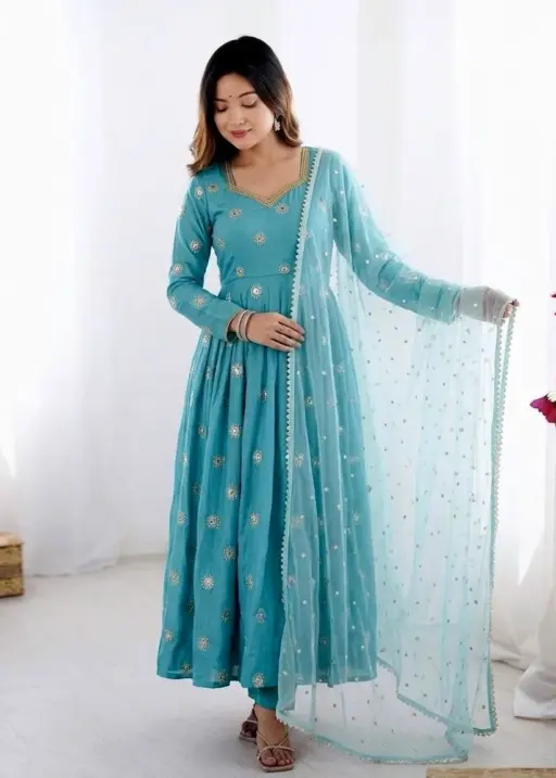 Sky Blue Embroidery Anarkali Suit for Girls