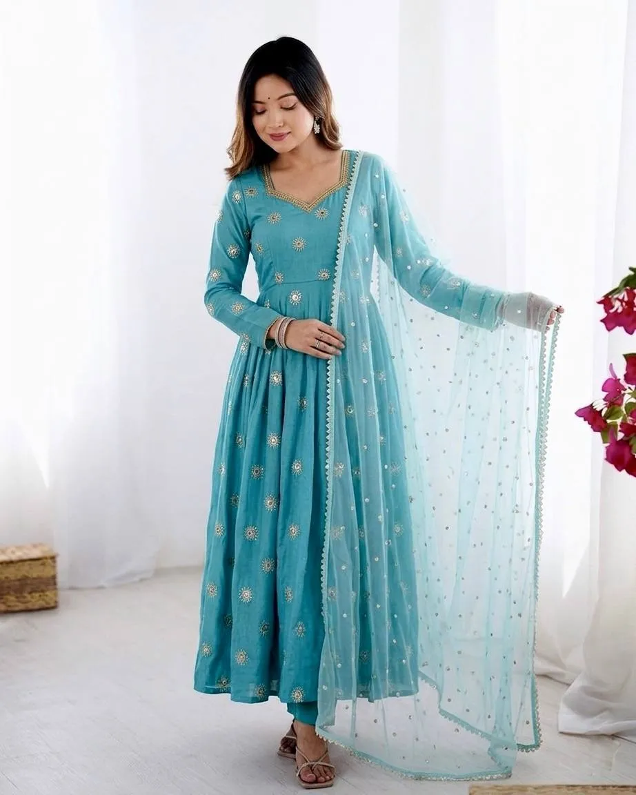 Sky Blue Embroidery Anarkali Suit for Girls