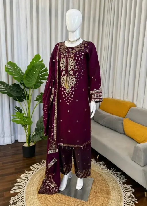 Wine Color Readymade Pant Suit