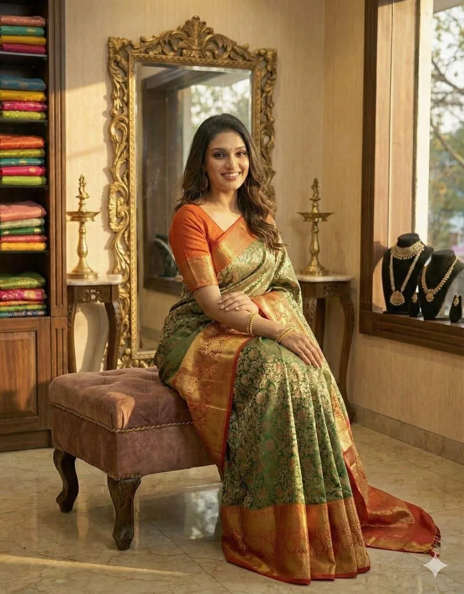 Premium Kanjivaram Silk Floral Zari Saree - Image 2