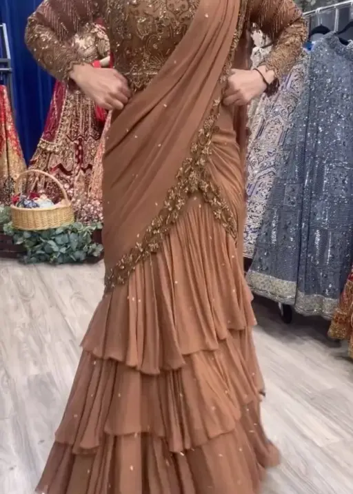 Trending Brown Lehenga Saree For Girls