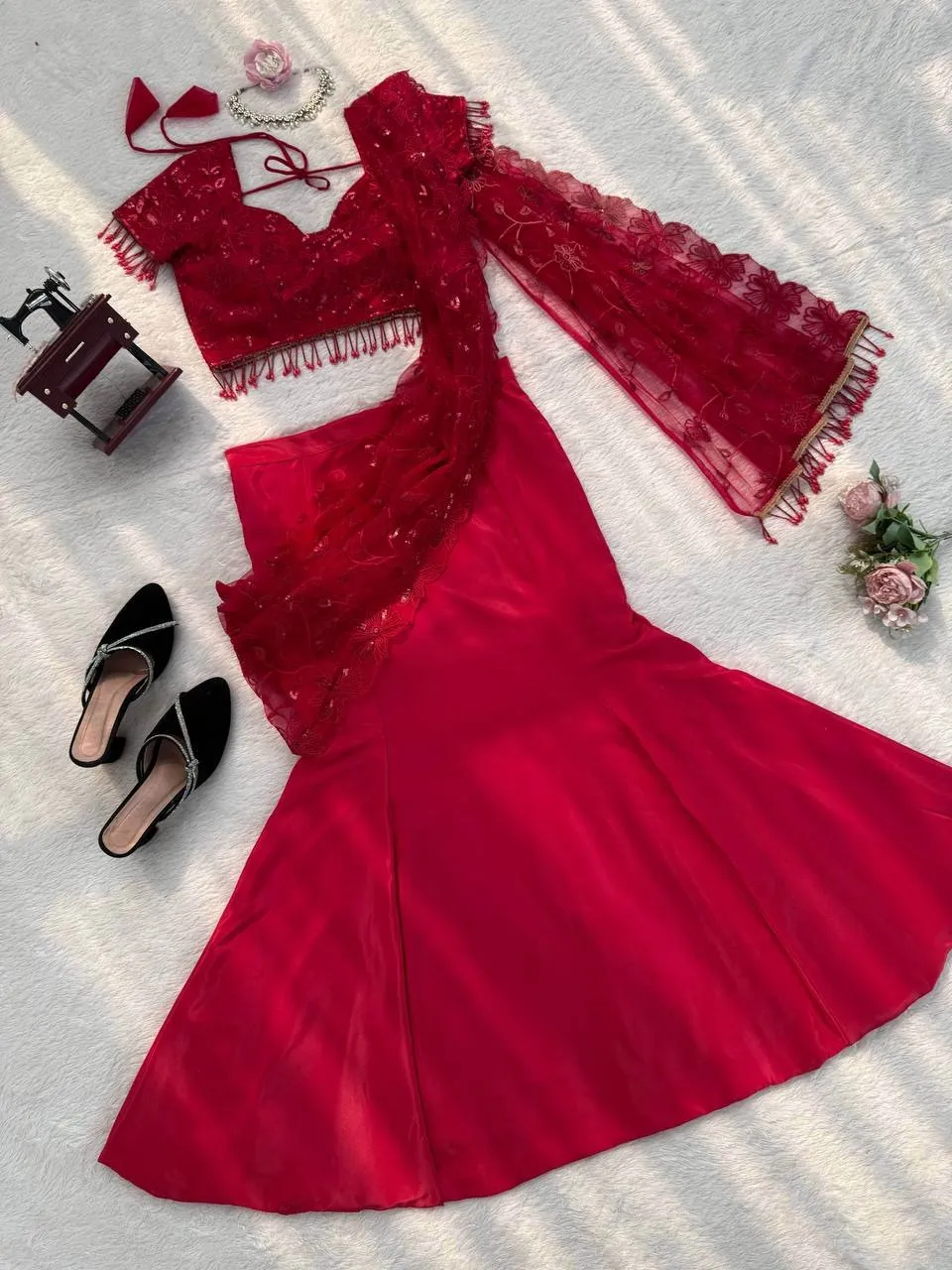 Wedding Special Red Lehenga Saree - Image 2