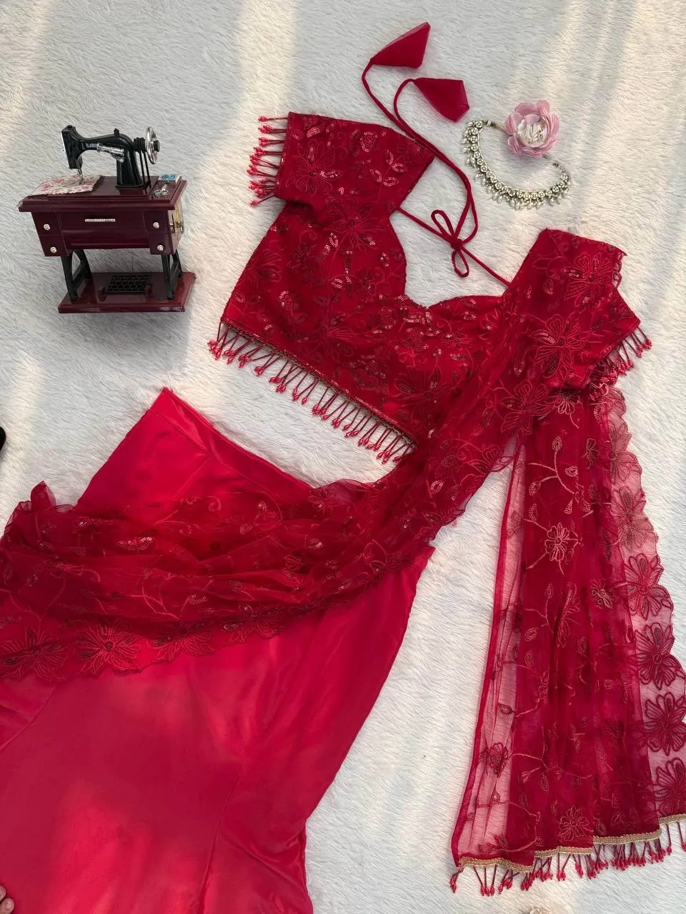 Wedding Special Red Lehenga Saree - Image 3