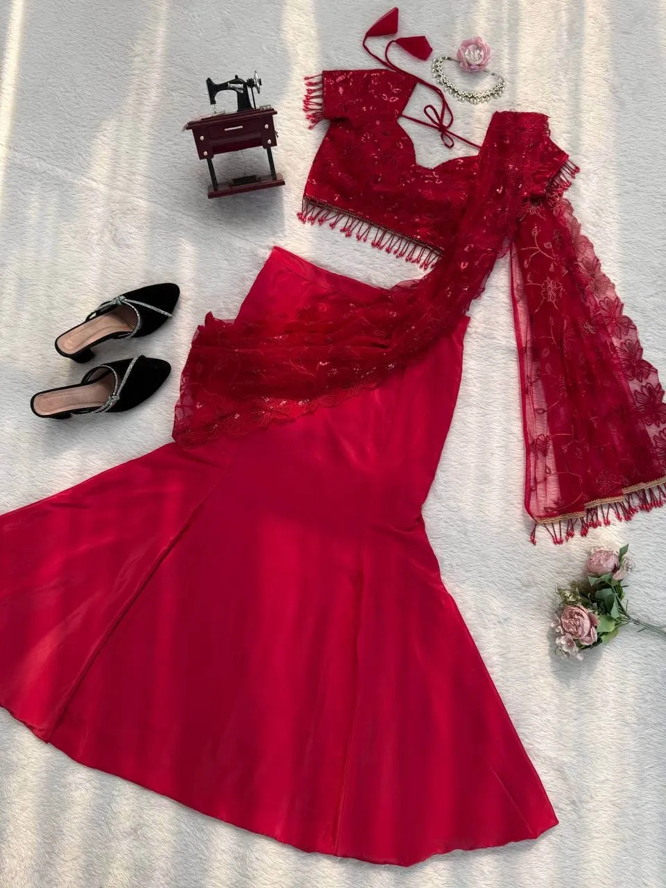 Wedding Special Red Lehenga Saree - Image 4