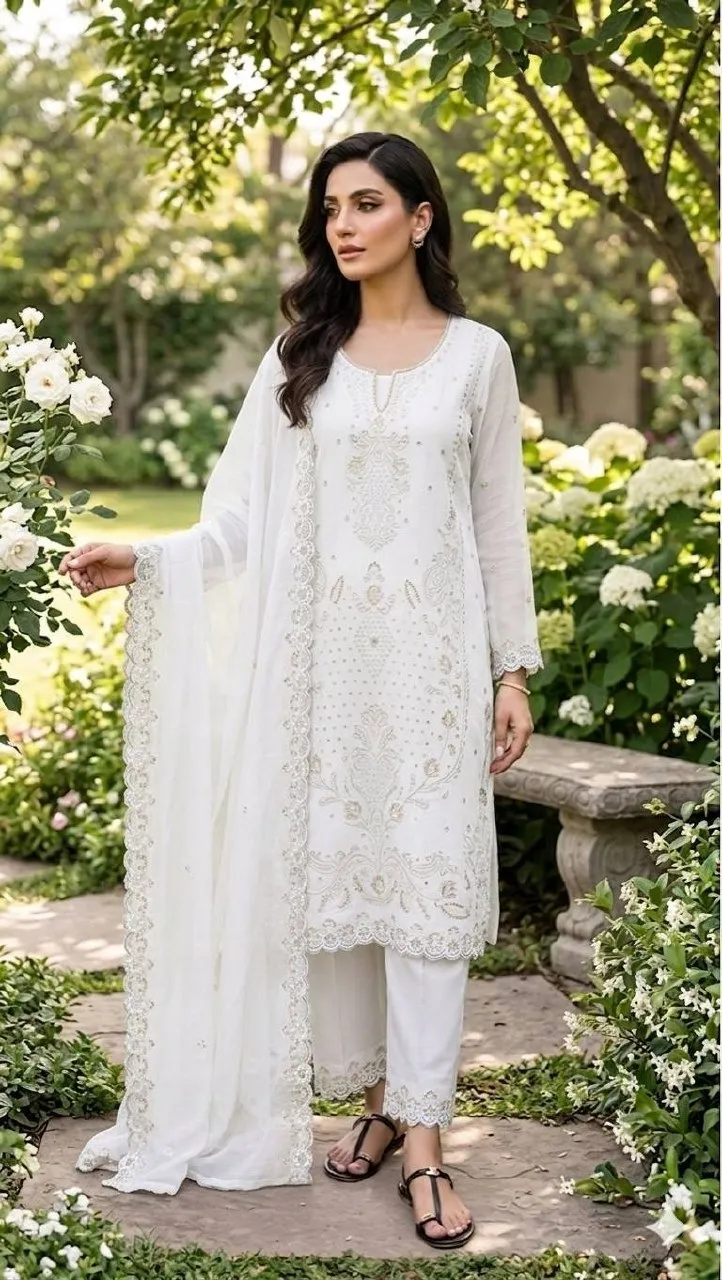 White Cutwork Pakistani Dress for Wedding