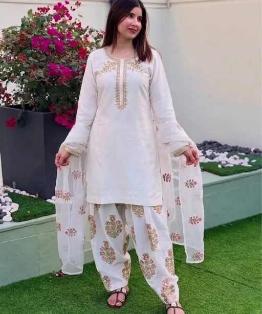 White Farsi Salwar Suit with Multi Color Embroidery