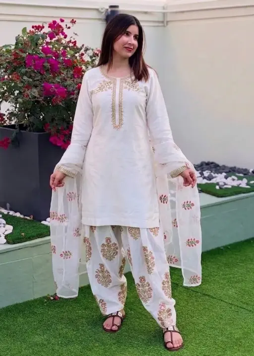 White Farsi Salwar Suit with Multi Color Embroidery