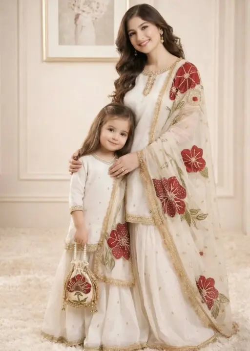 White Mother Daughter Combo Salwar Suit for Wedding