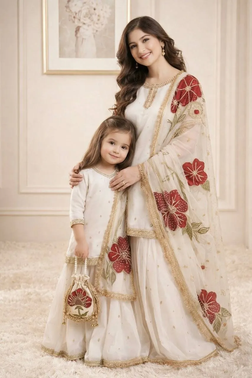 White Mother Daughter Combo Salwar Suit for Wedding