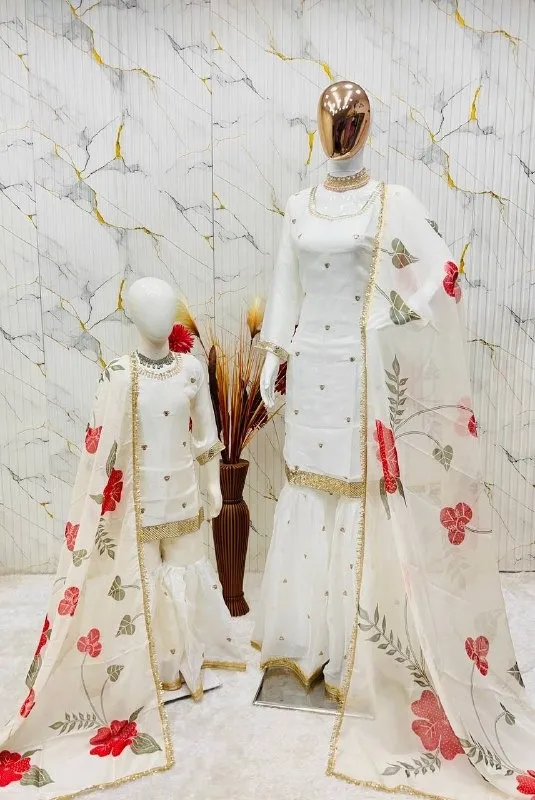 White Mother Daughter Combo Salwar Suit for Wedding - Image 2