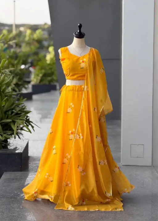 Yellow Floral Printed Readymade Lehenga for Haldi