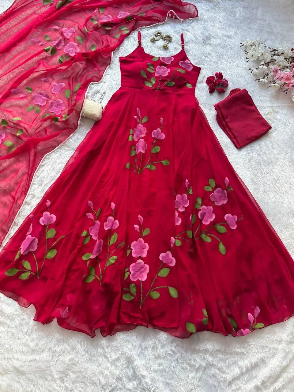 Cherry Red Floral Sleeveless Anarkali Gown - Image 2