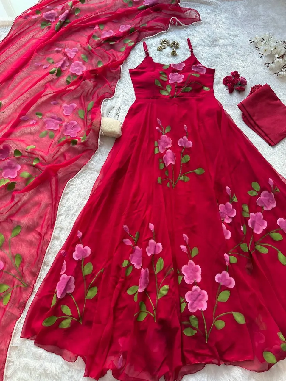 Cherry Red Floral Sleeveless Anarkali Gown - Image 3