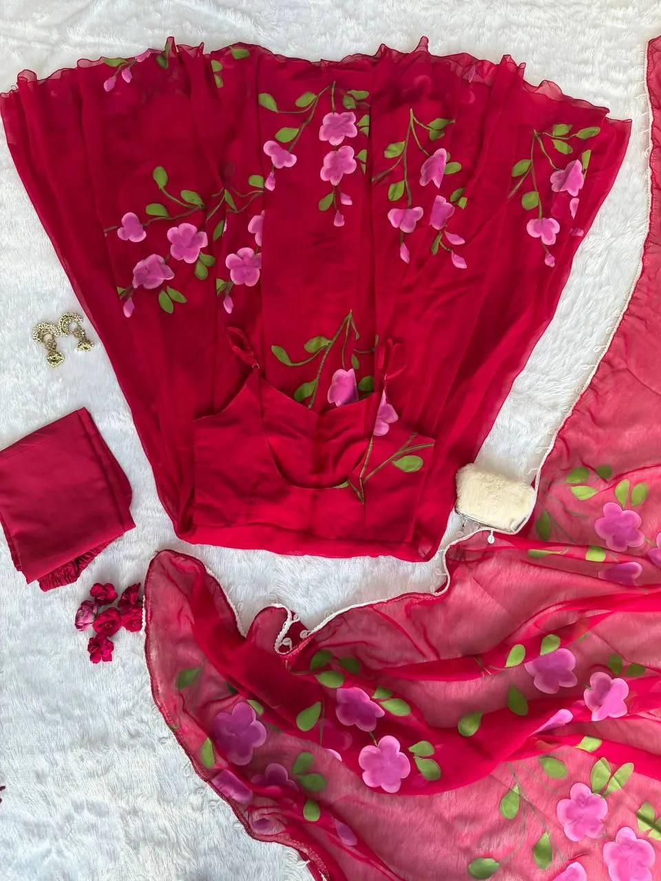 Cherry Red Floral Sleeveless Anarkali Gown - Image 4