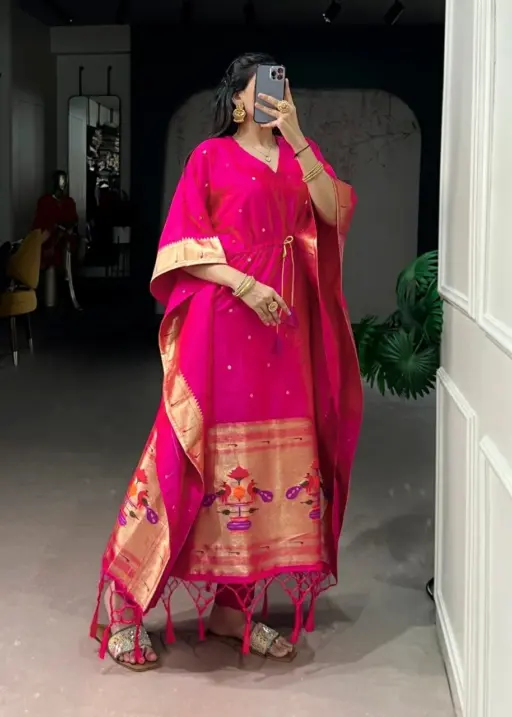 Hot Pink Jacquard Paithani Kaftan for Women