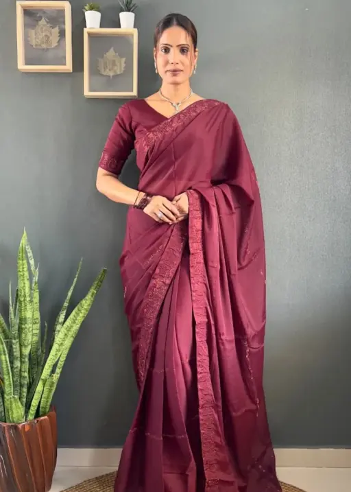 Maroon Ready To Wear Swarovski Saree