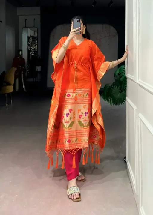 Orange Kaftan in Jacquard Silk