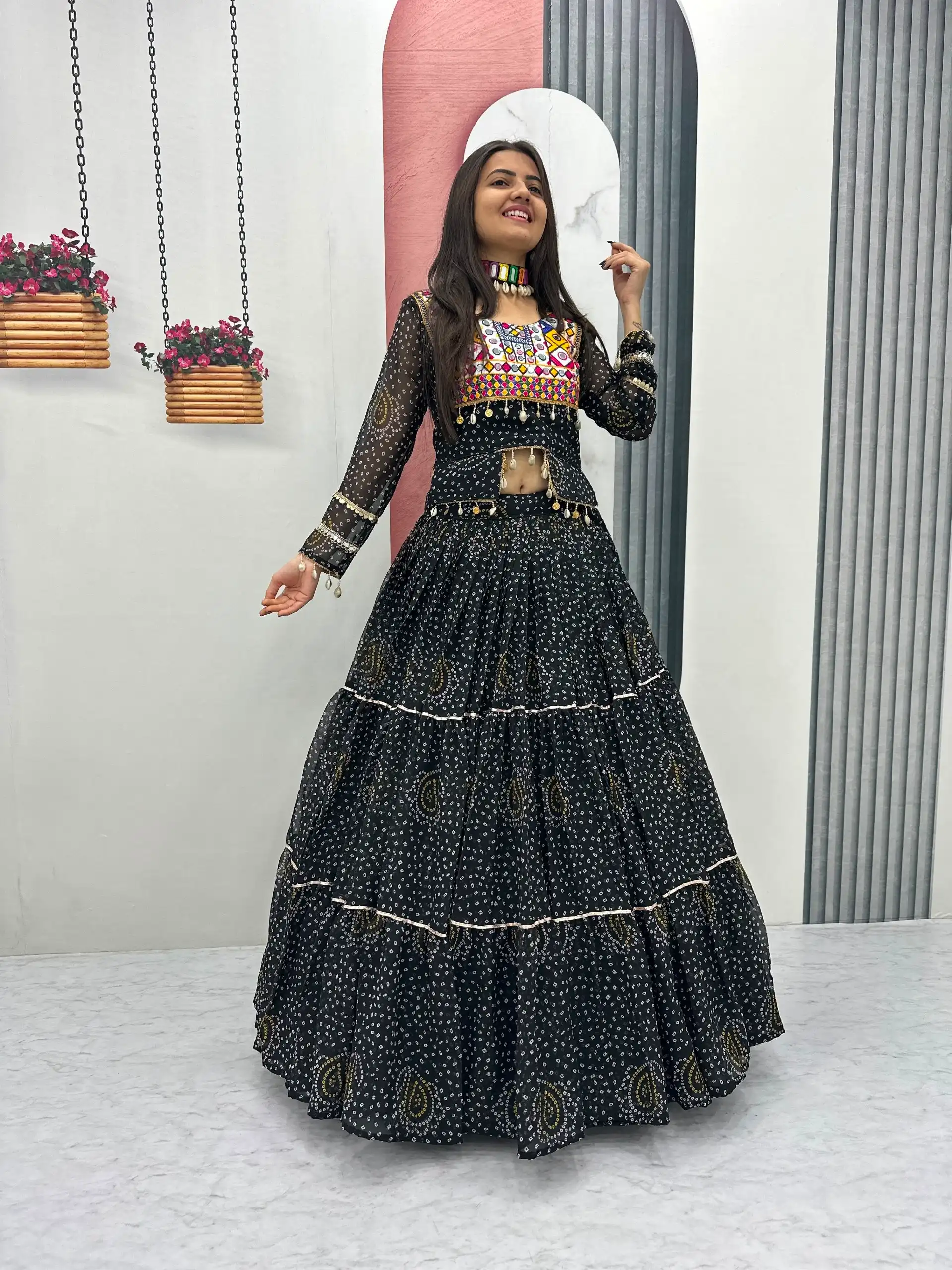Bandhni Printed Lehenga Choli Co ord Set Black Color - Image 2