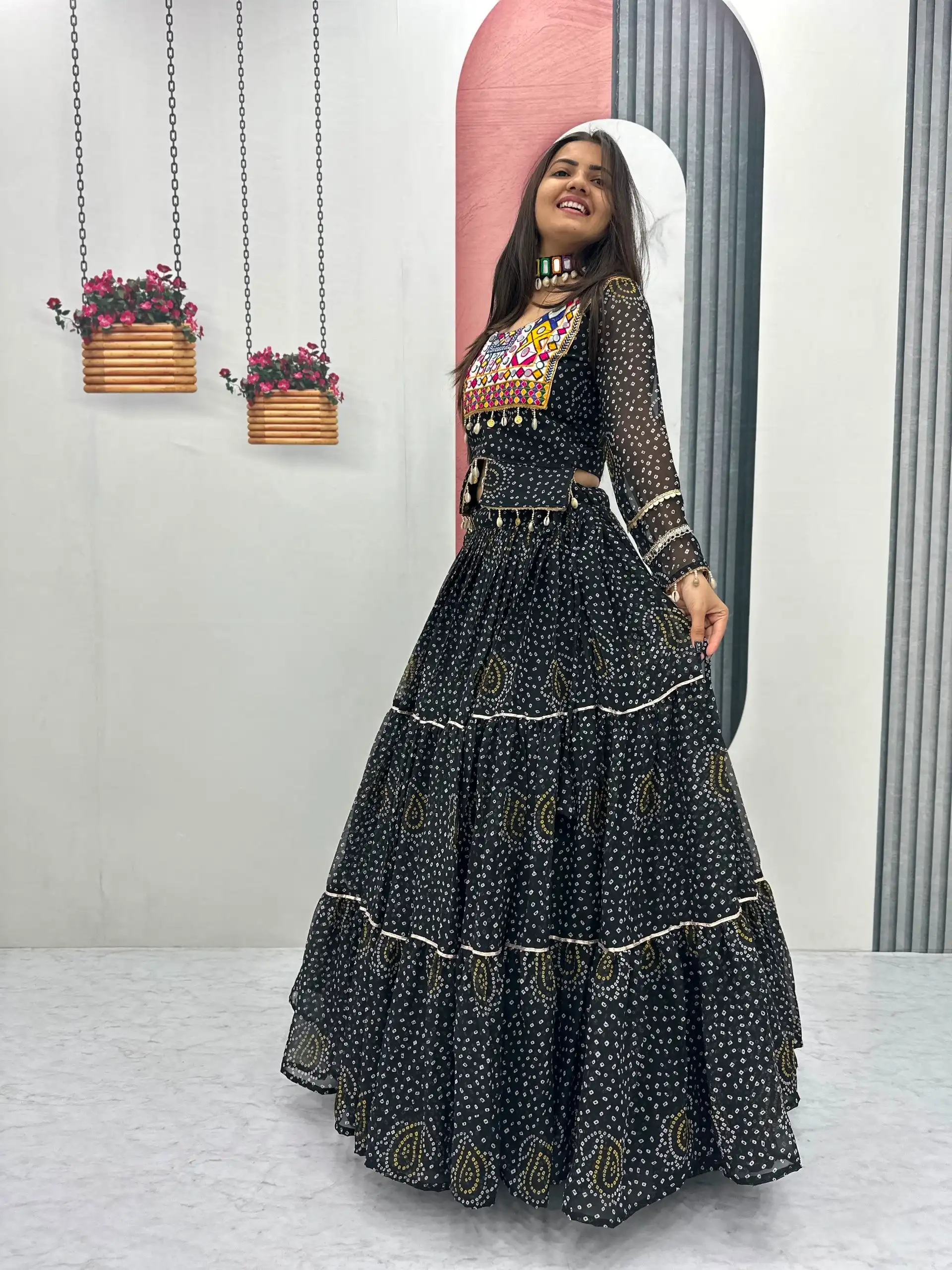Bandhni Printed Lehenga Choli Co ord Set Black Color - Image 3