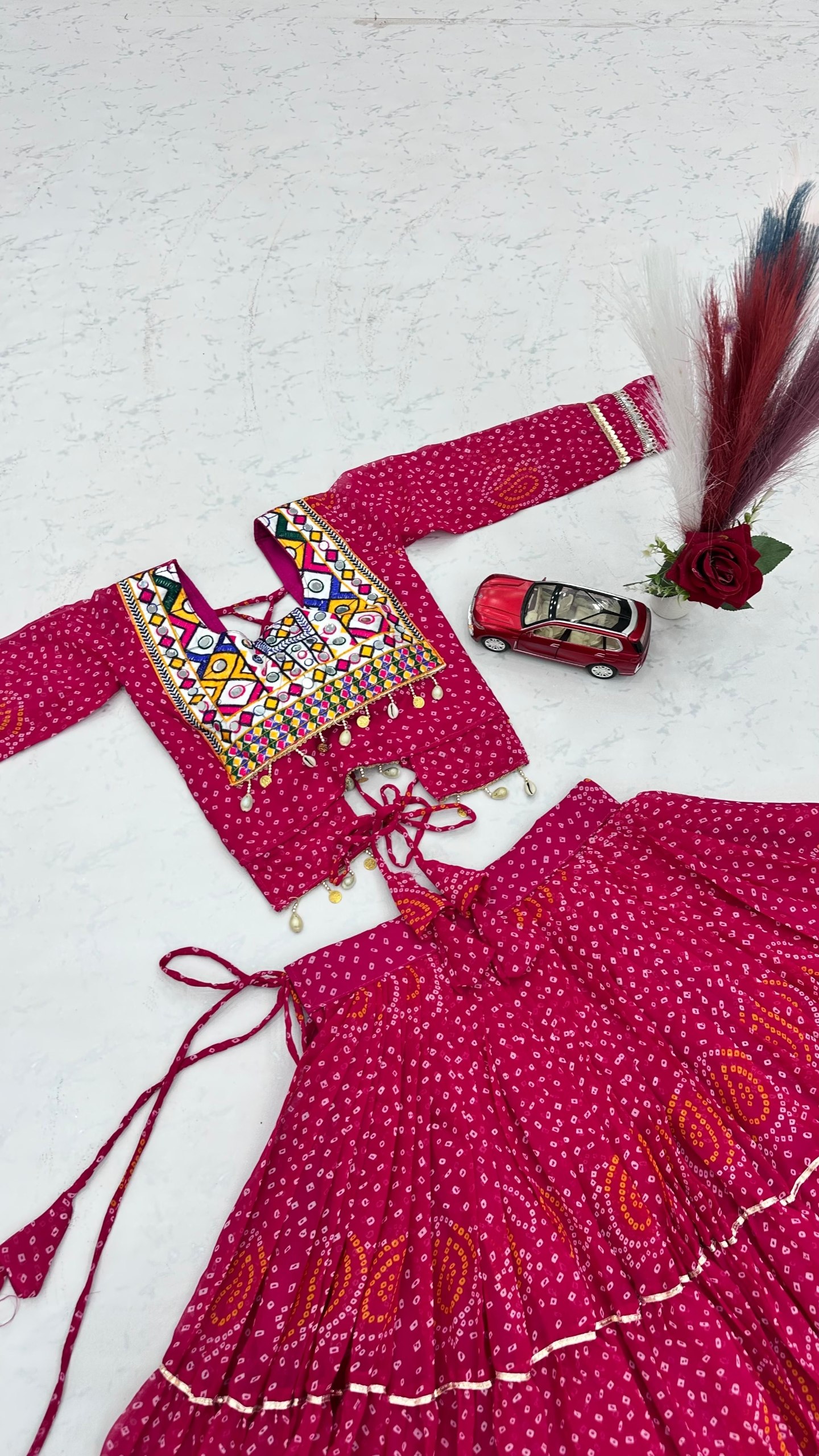 Bandhni Printed Lehenga Choli Co ord Set Red Color - Image 6