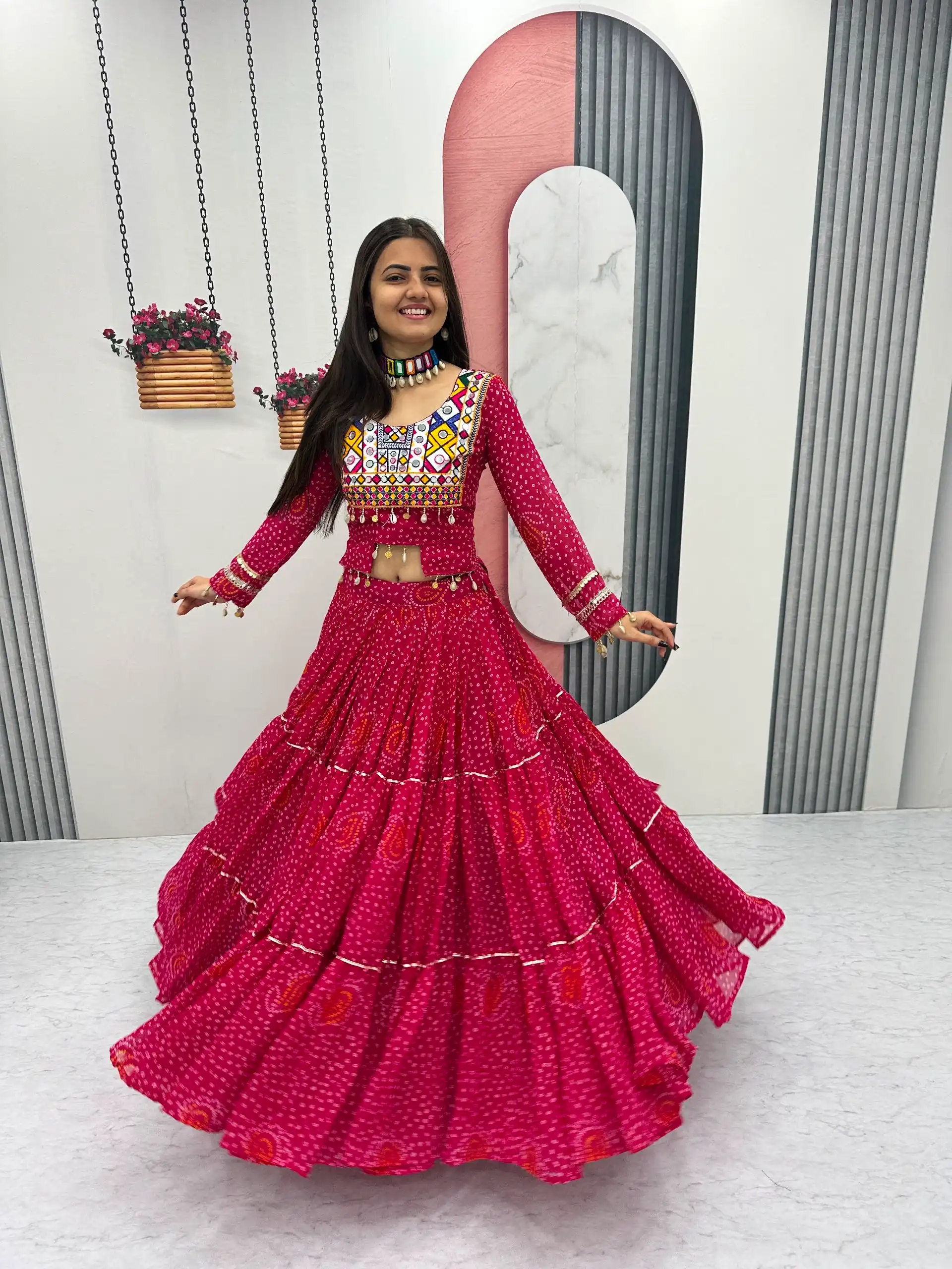 Bandhni Printed Lehenga Choli Co ord Set Red Color - Image 3