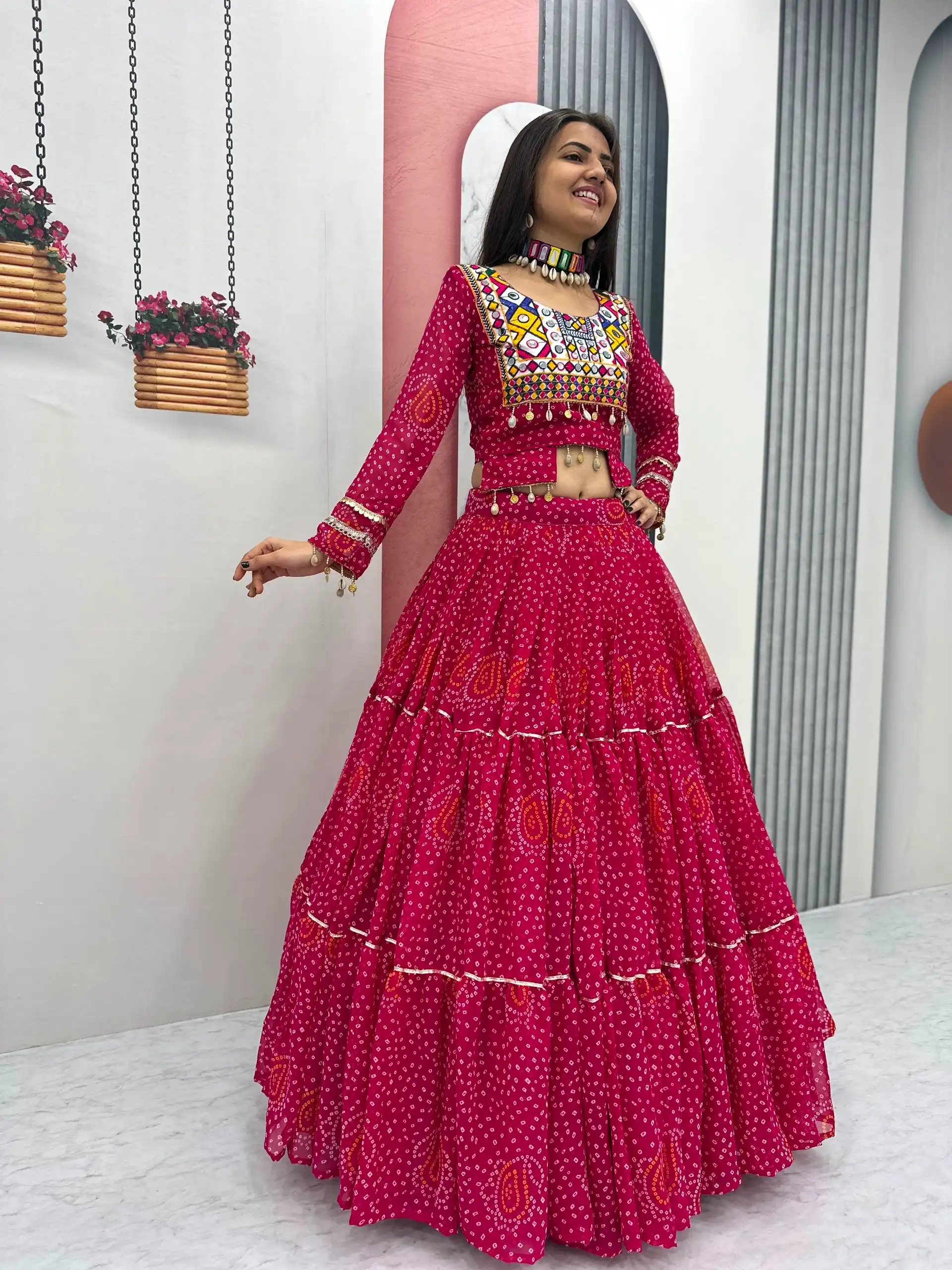 Bandhni Printed Lehenga Choli Co ord Set Red Color - Image 4
