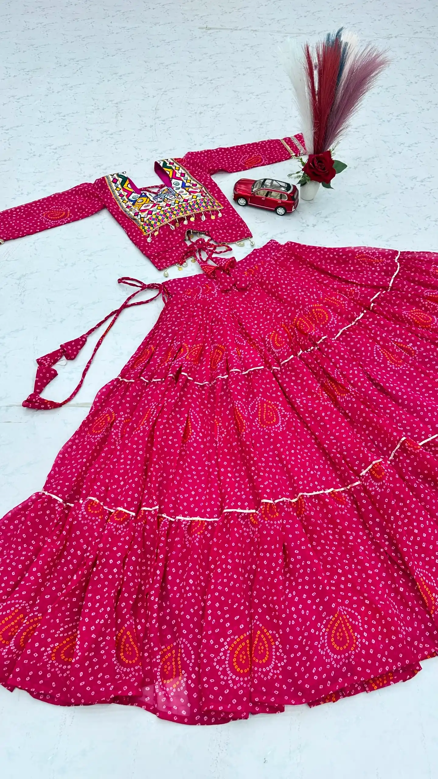 Bandhni Printed Lehenga Choli Co ord Set Red Color - Image 5