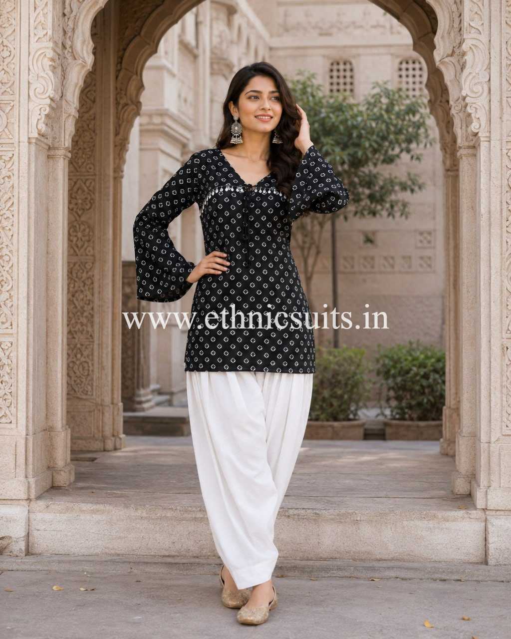 Black Bandhni Printed Short Kurta with Blouse and Bottom - Image 2