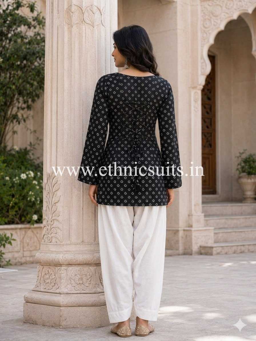 Black Bandhni Printed Short Kurta with Blouse and Bottom - Image 4