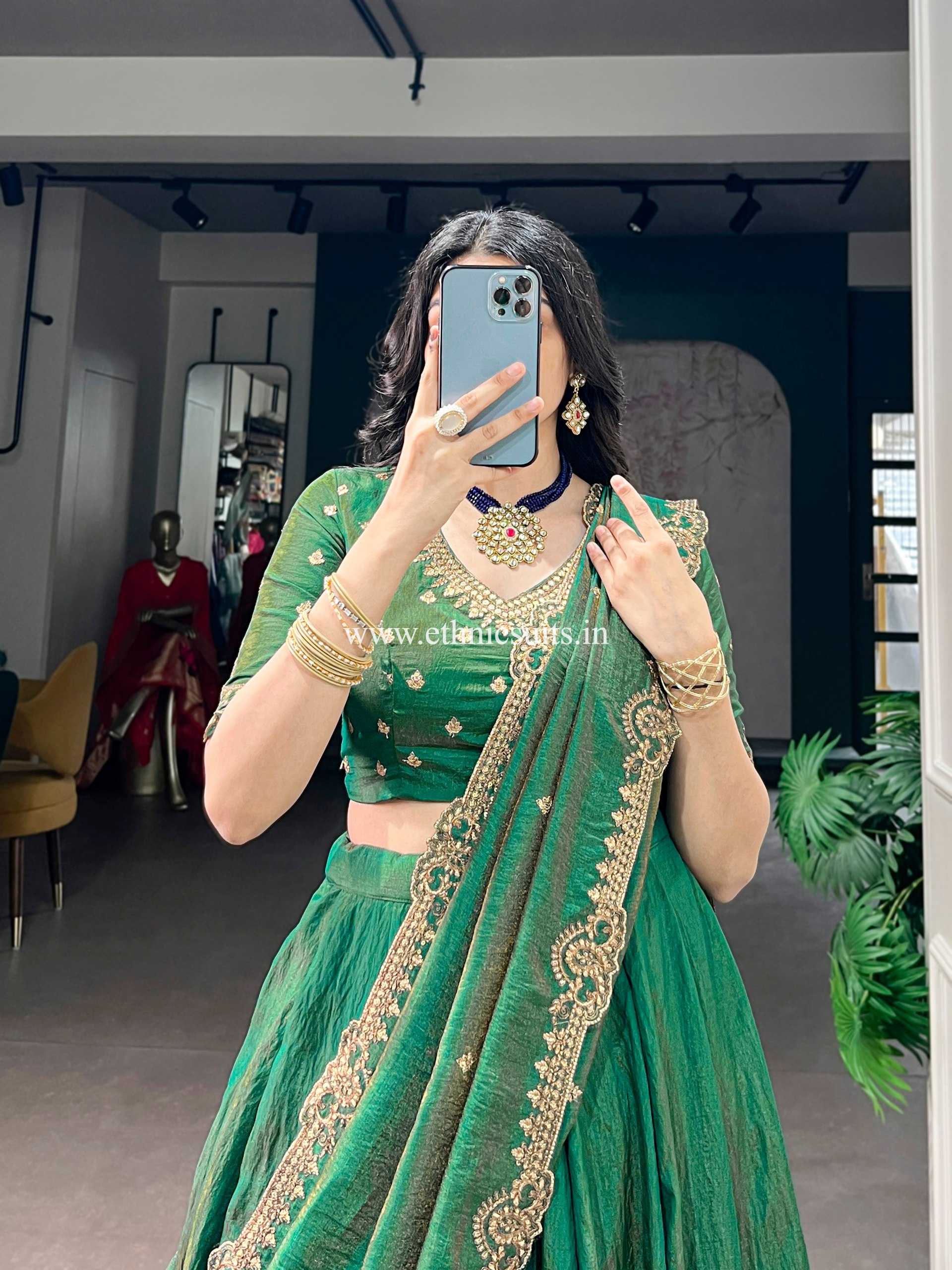 Embellished Green Plain Lehenga Choli for Wedding - Image 2