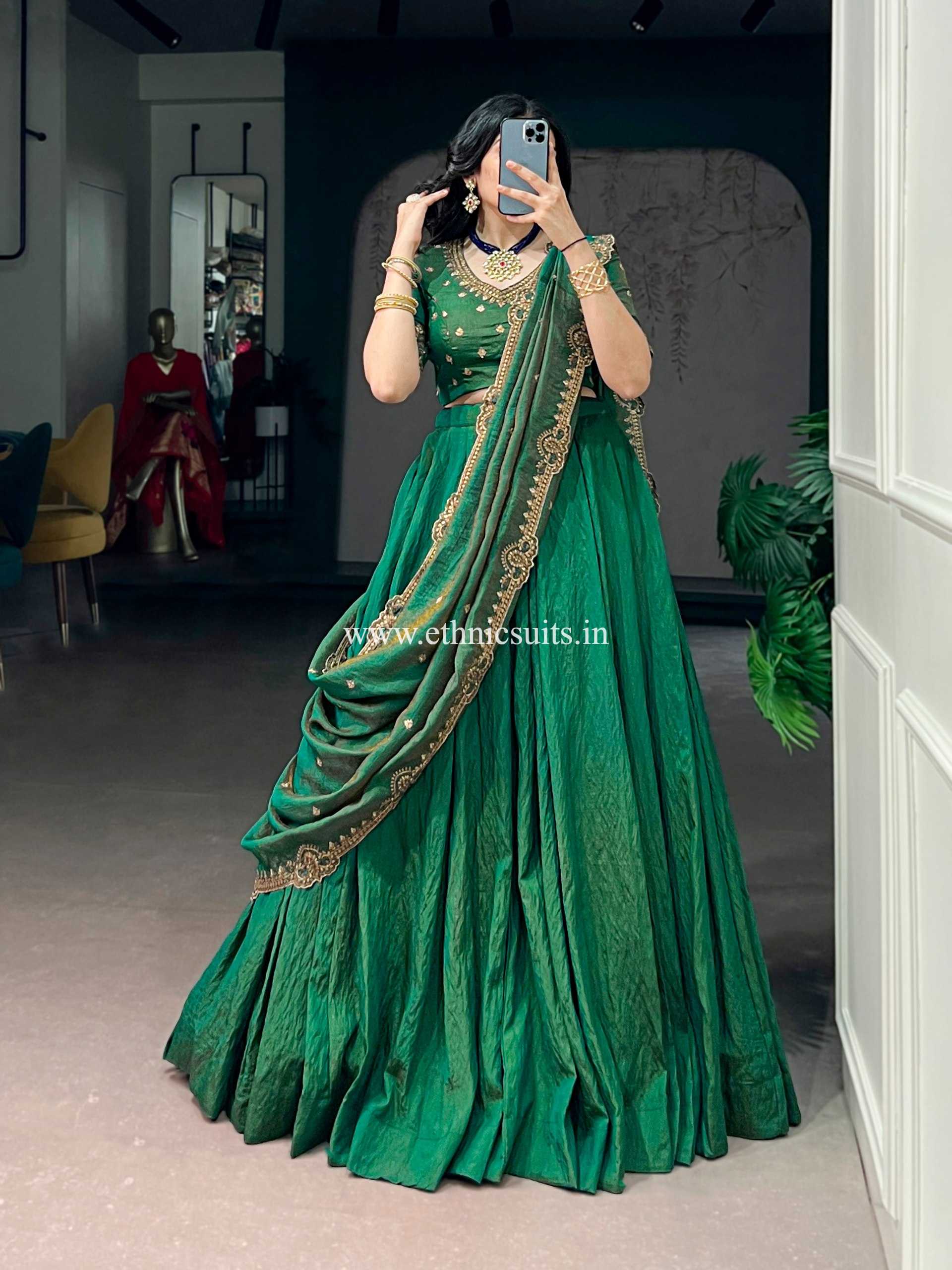 Embellished Green Plain Lehenga Choli for Wedding - Image 3