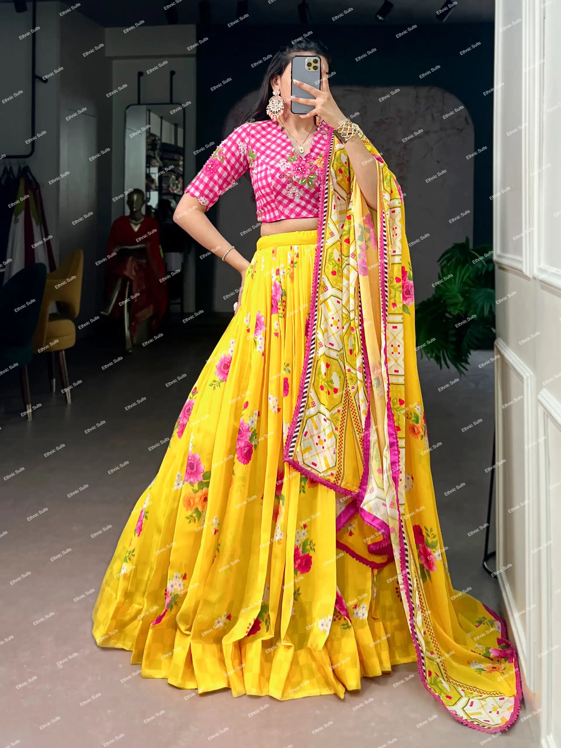 Haldi Ceremony Special Mustard Yellow Floral Lehenga Choli - Image 3