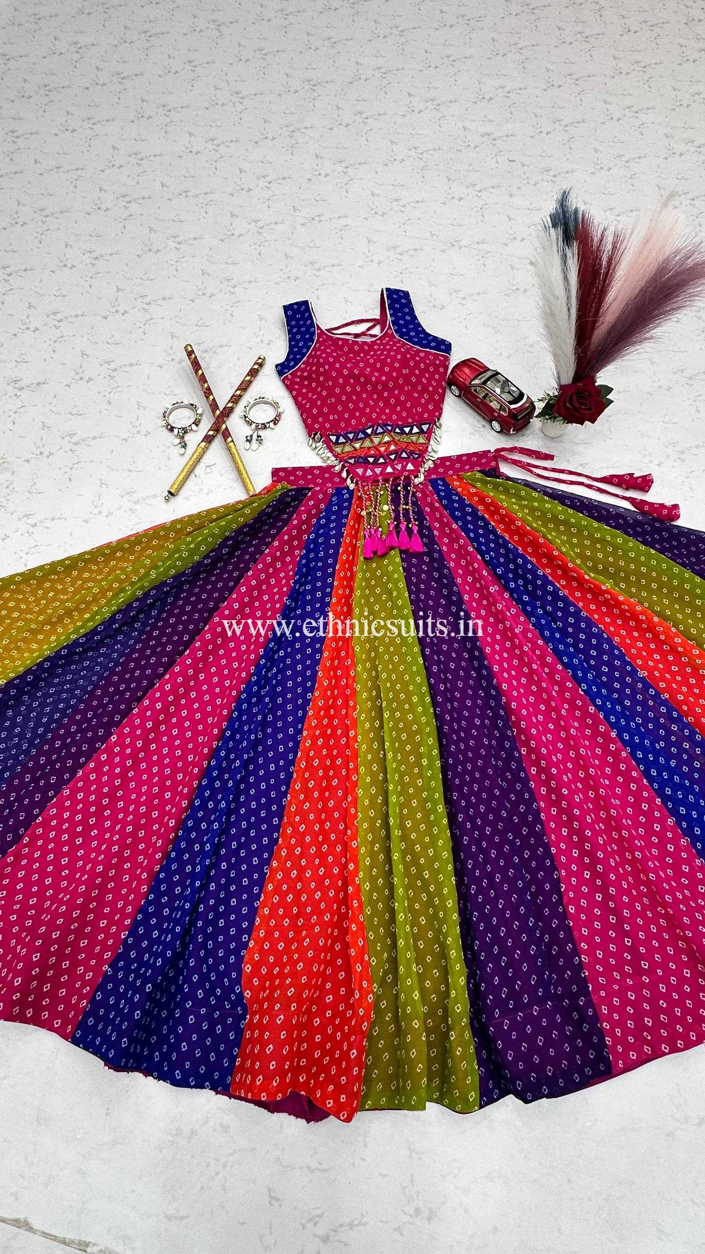 Multi Color Bandhni Printed Chaniya Choli with Fancy Sleeveless Blouse - Image 3