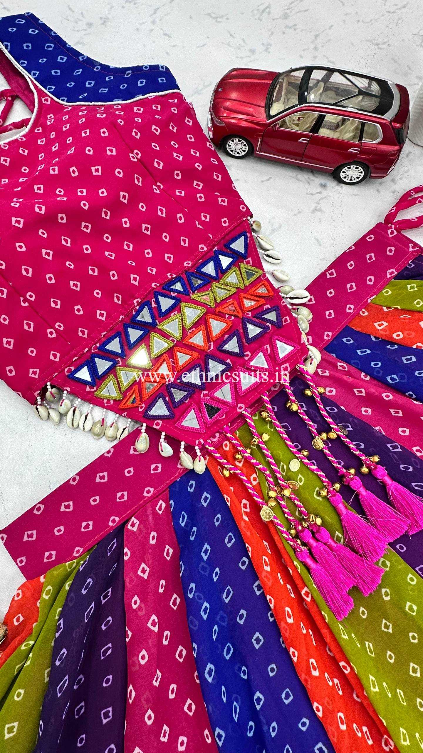 Multi Color Bandhni Printed Chaniya Choli with Fancy Sleeveless Blouse - Image 4