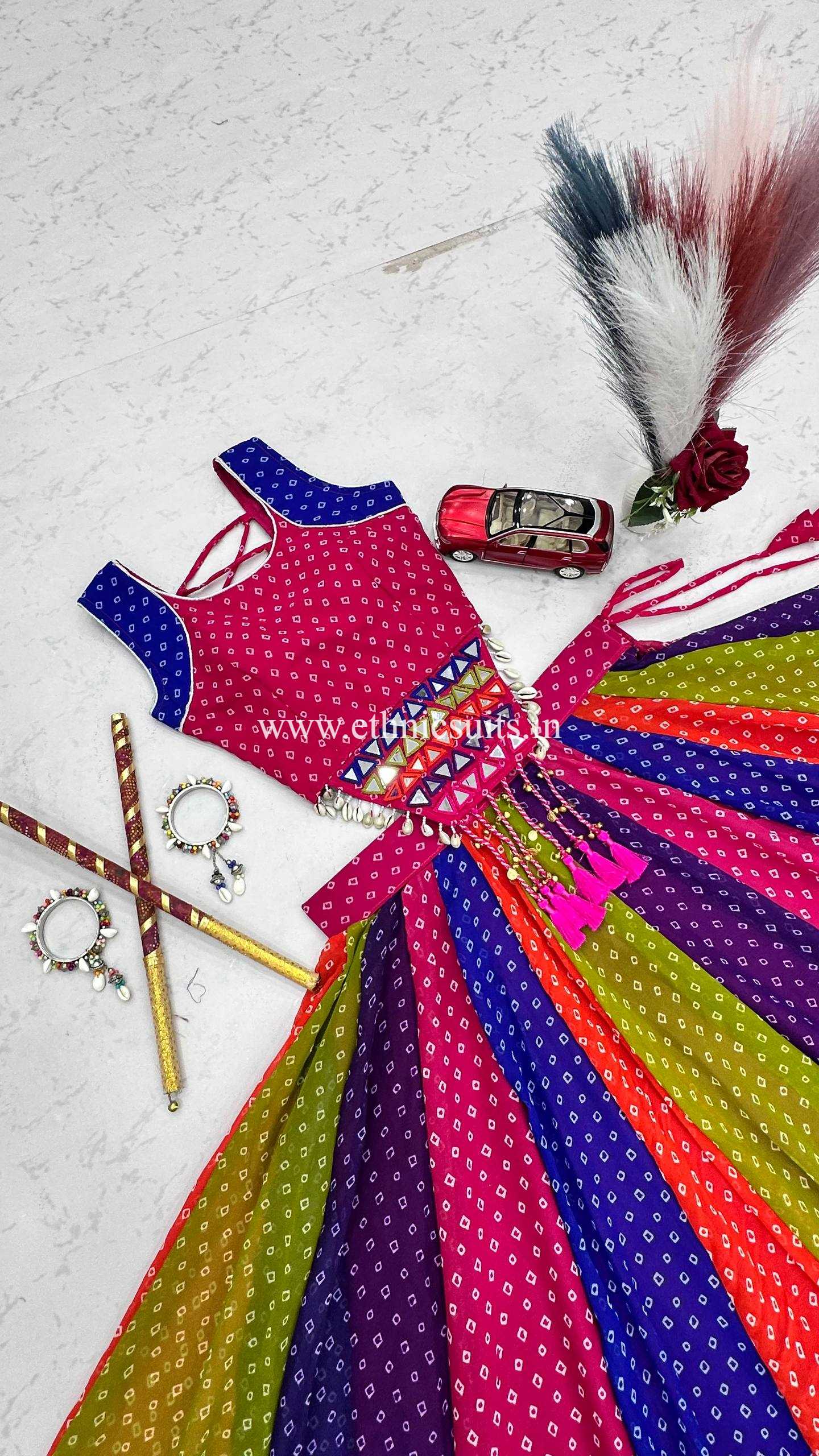 Multi Color Bandhni Printed Chaniya Choli with Fancy Sleeveless Blouse - Image 5
