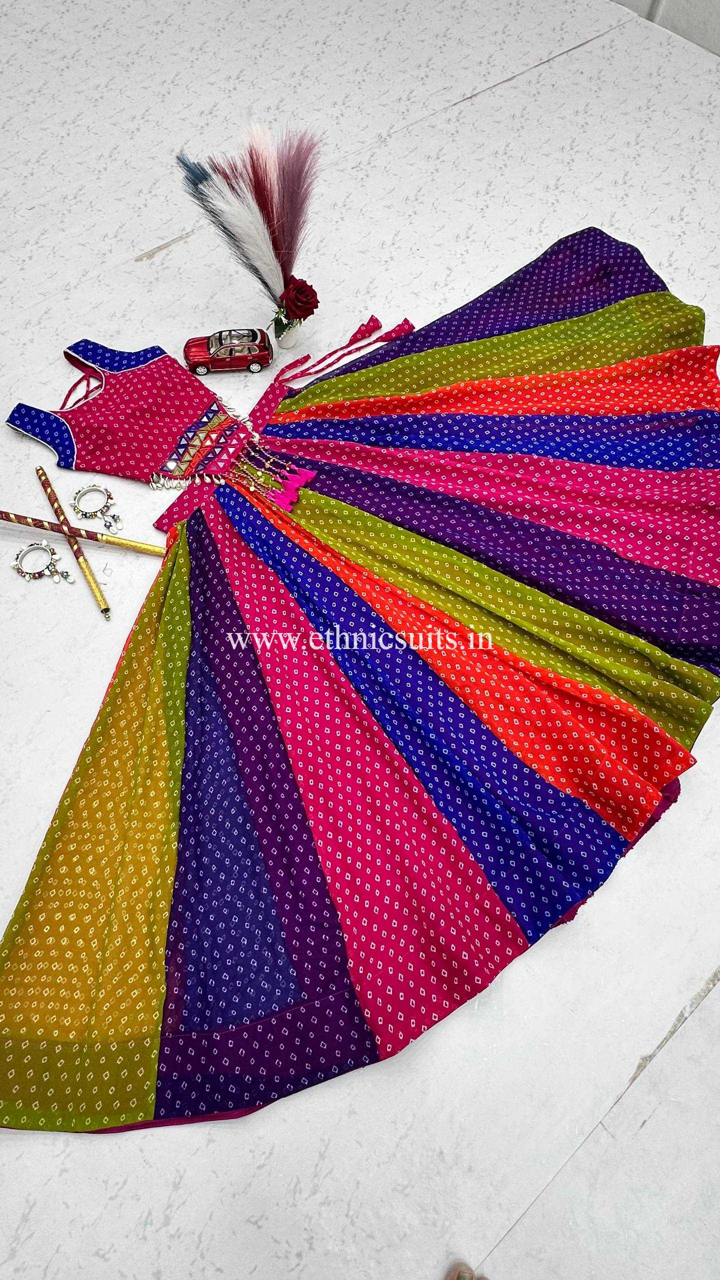 Multi Color Bandhni Printed Chaniya Choli with Fancy Sleeveless Blouse - Image 6