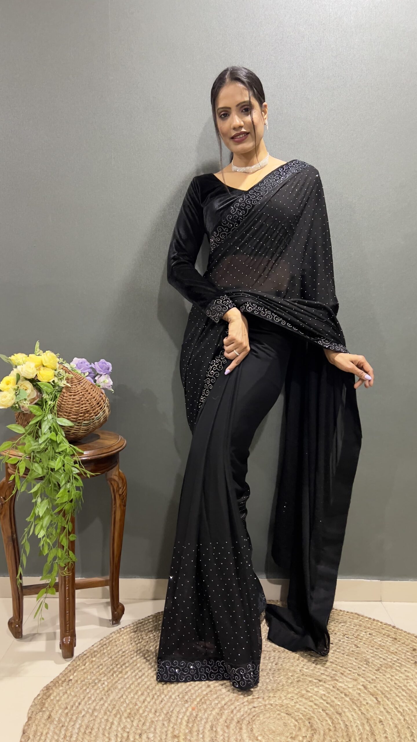 Beautiful Black Ready To Wear Saree With Stitched Blouse For Party Wear - Image 2