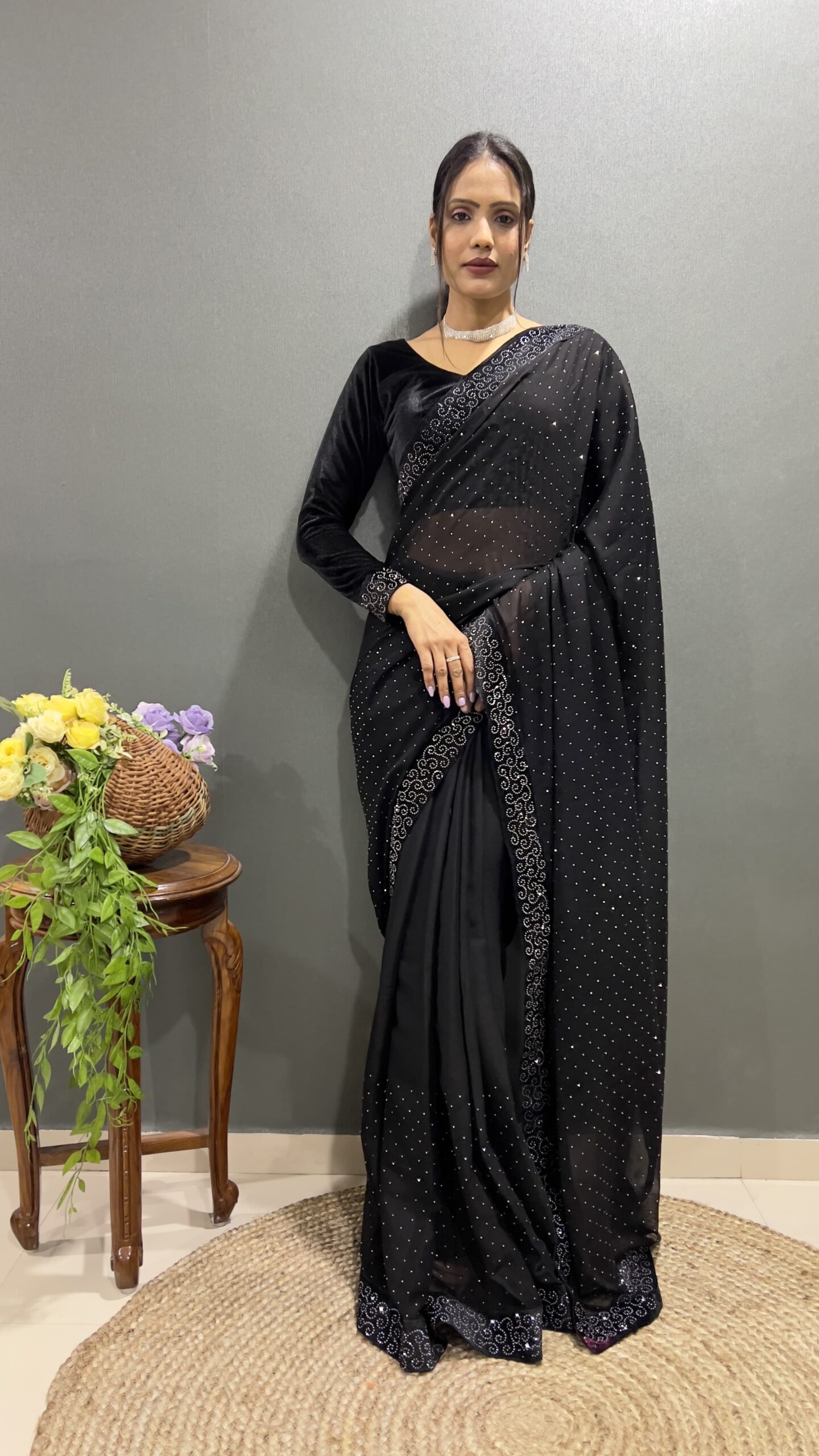 Beautiful Black Ready To Wear Saree With Stitched Blouse For Party Wear - Image 3