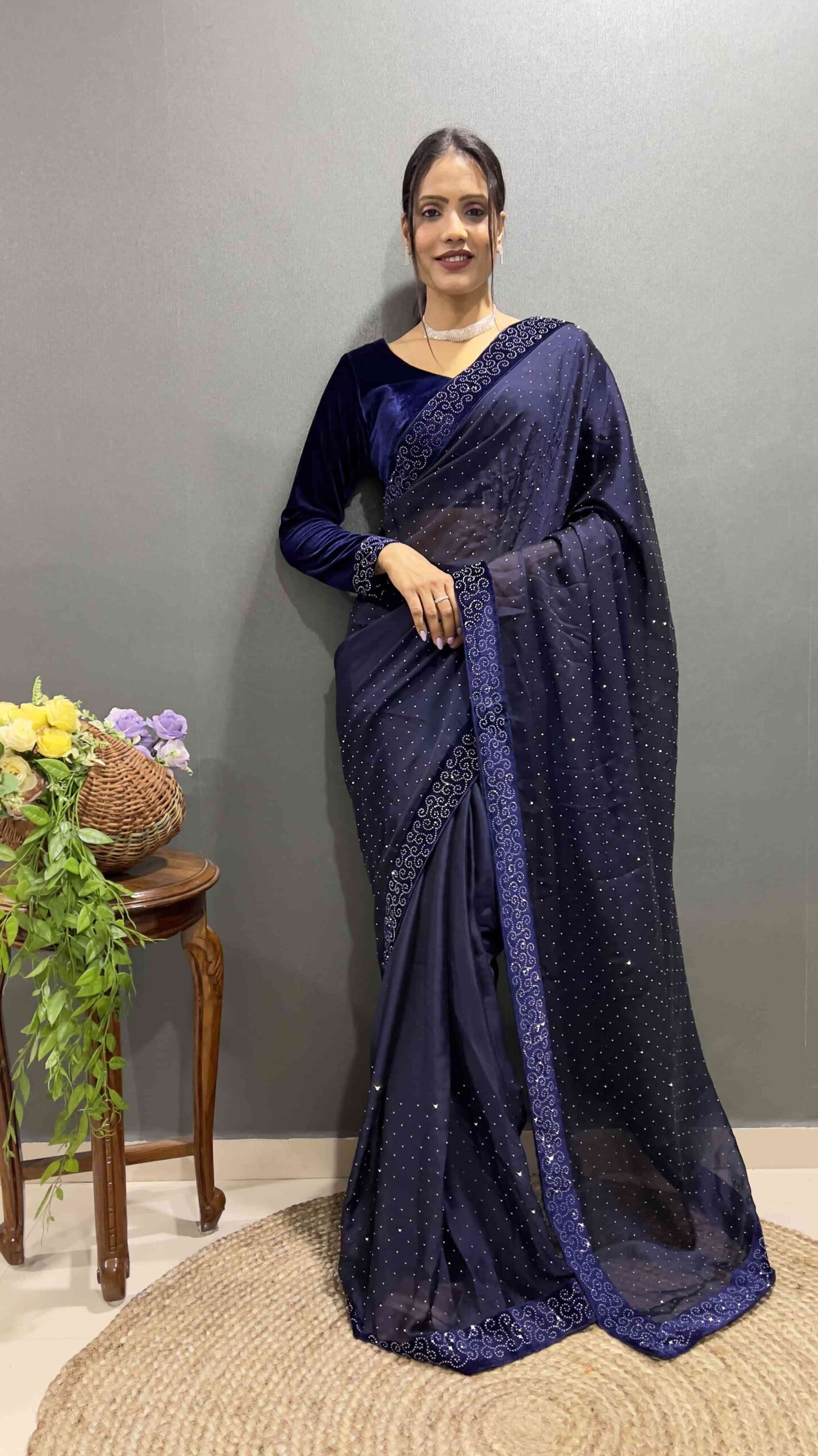 Beautiful Royalblue Ready To Wear Saree With Stitched Blouse For Party Wear - Image 2