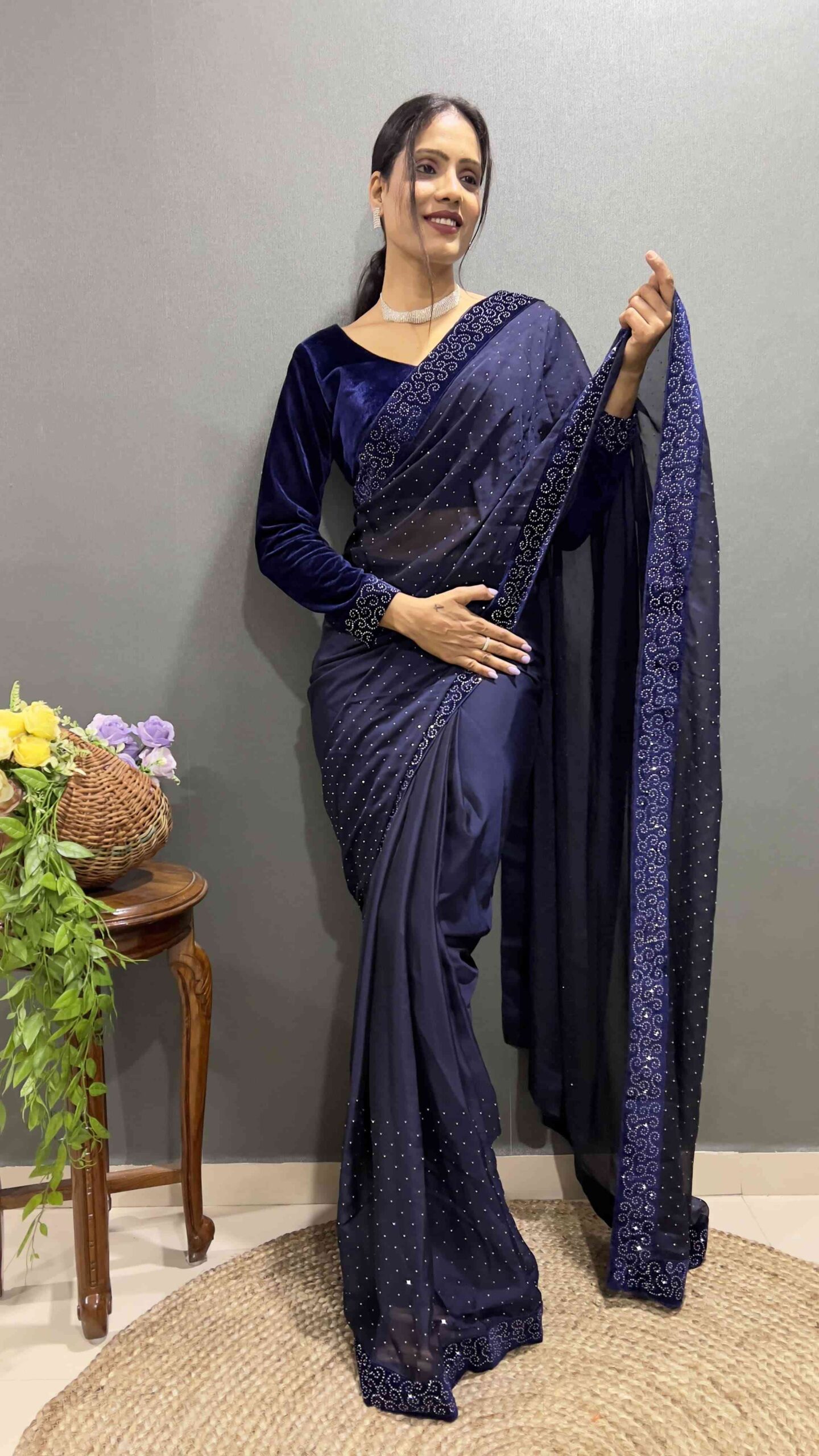 Beautiful Royalblue Ready To Wear Saree With Stitched Blouse For Party Wear - Image 3