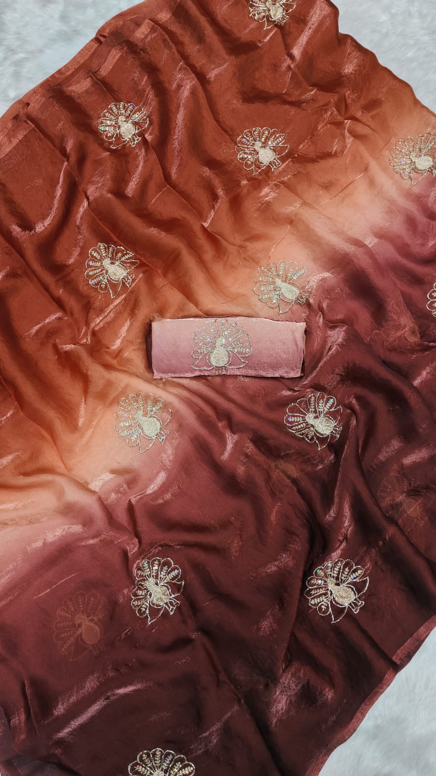 Brown Fendi Silk Saree with Peacock handwork - Image 2