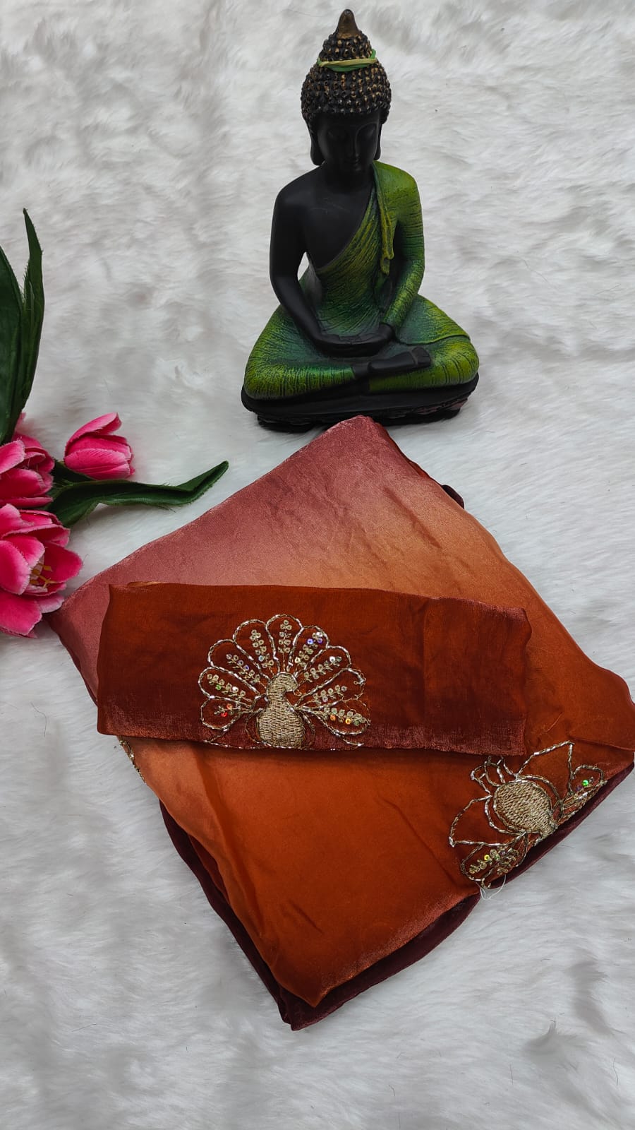 Brown Fendi Silk Saree with Peacock handwork - Image 3