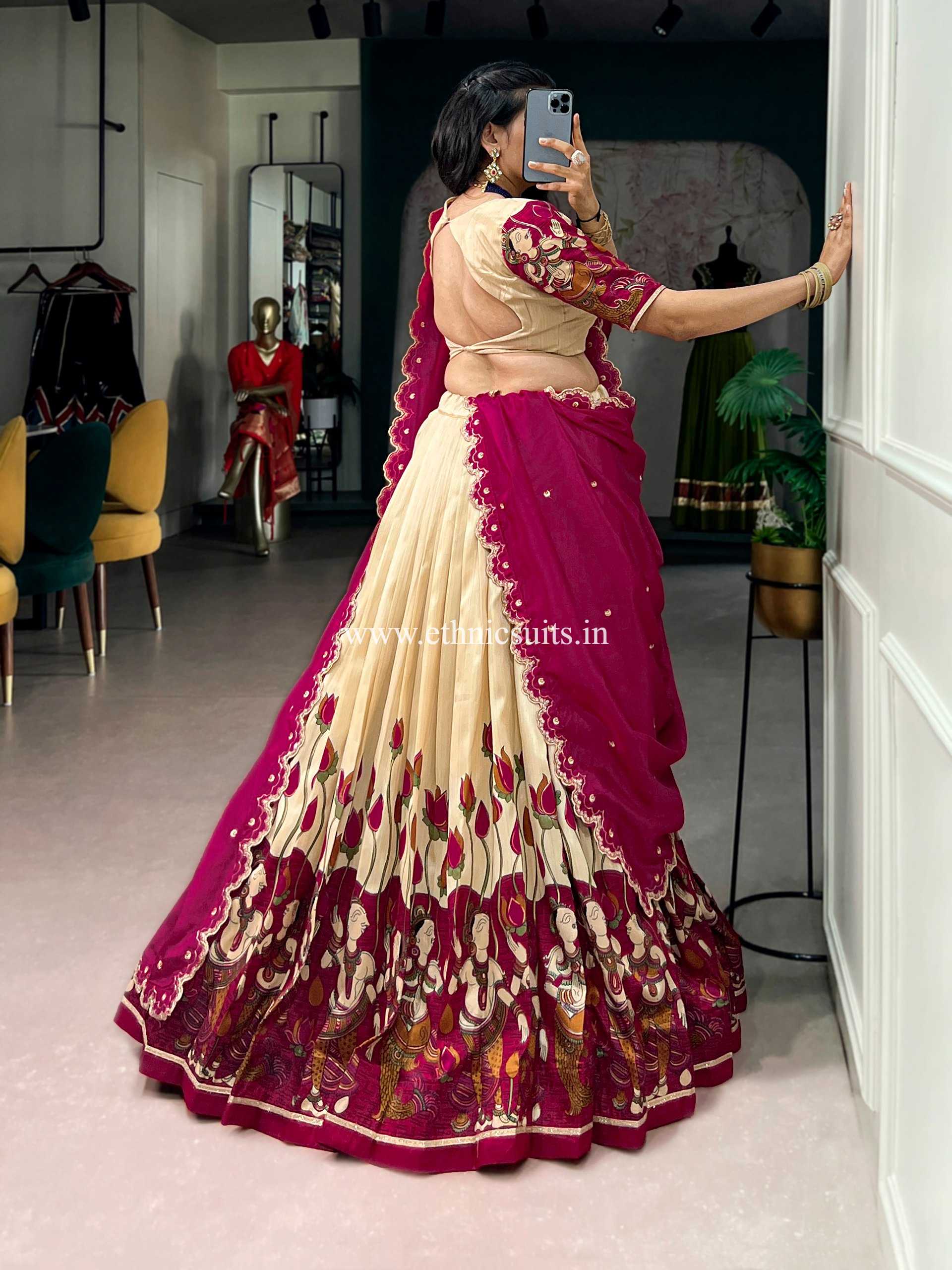Cream Color Kalamkari Printed Lehenga Blouse - Image 2