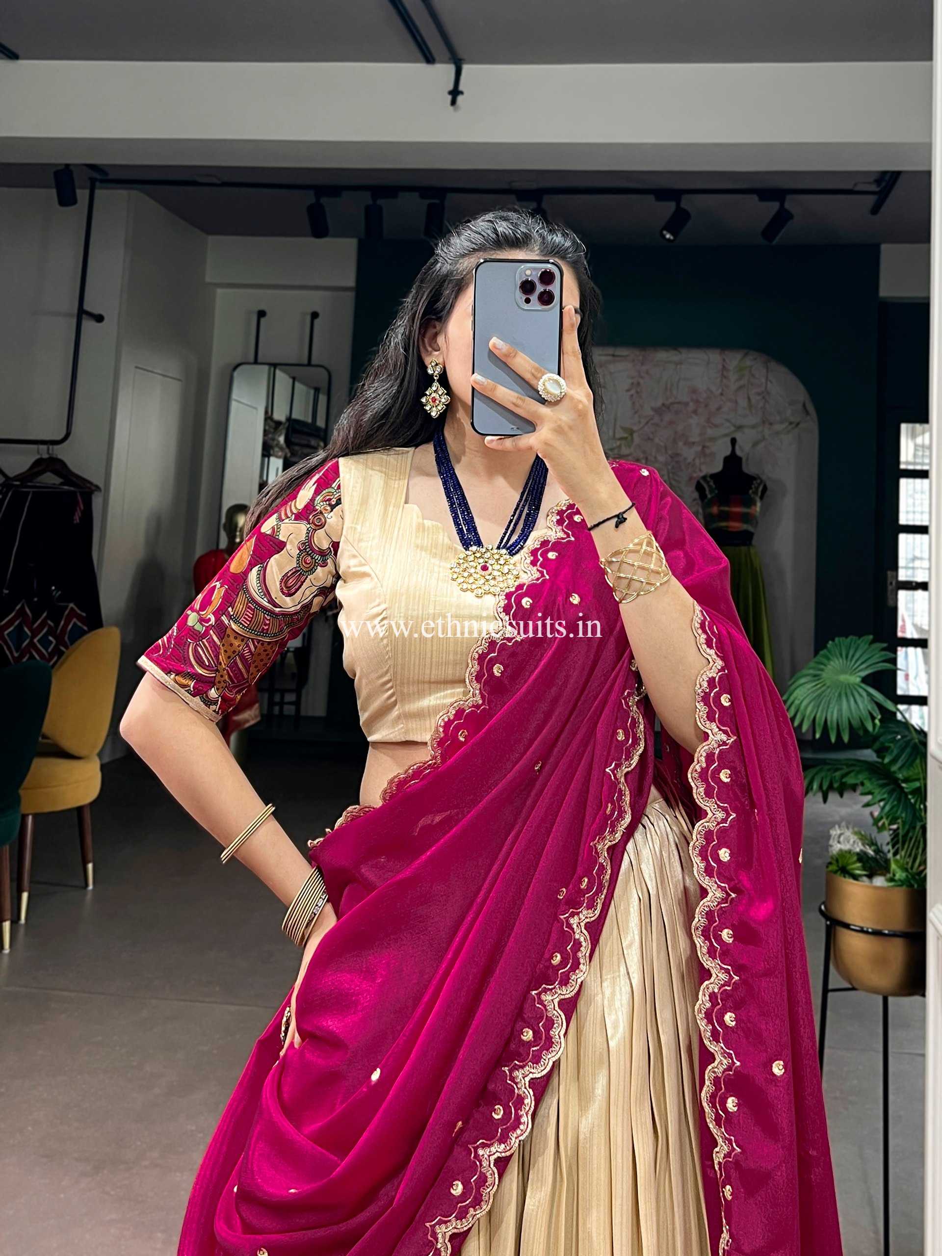 Cream Color Kalamkari Printed Lehenga Blouse - Image 3