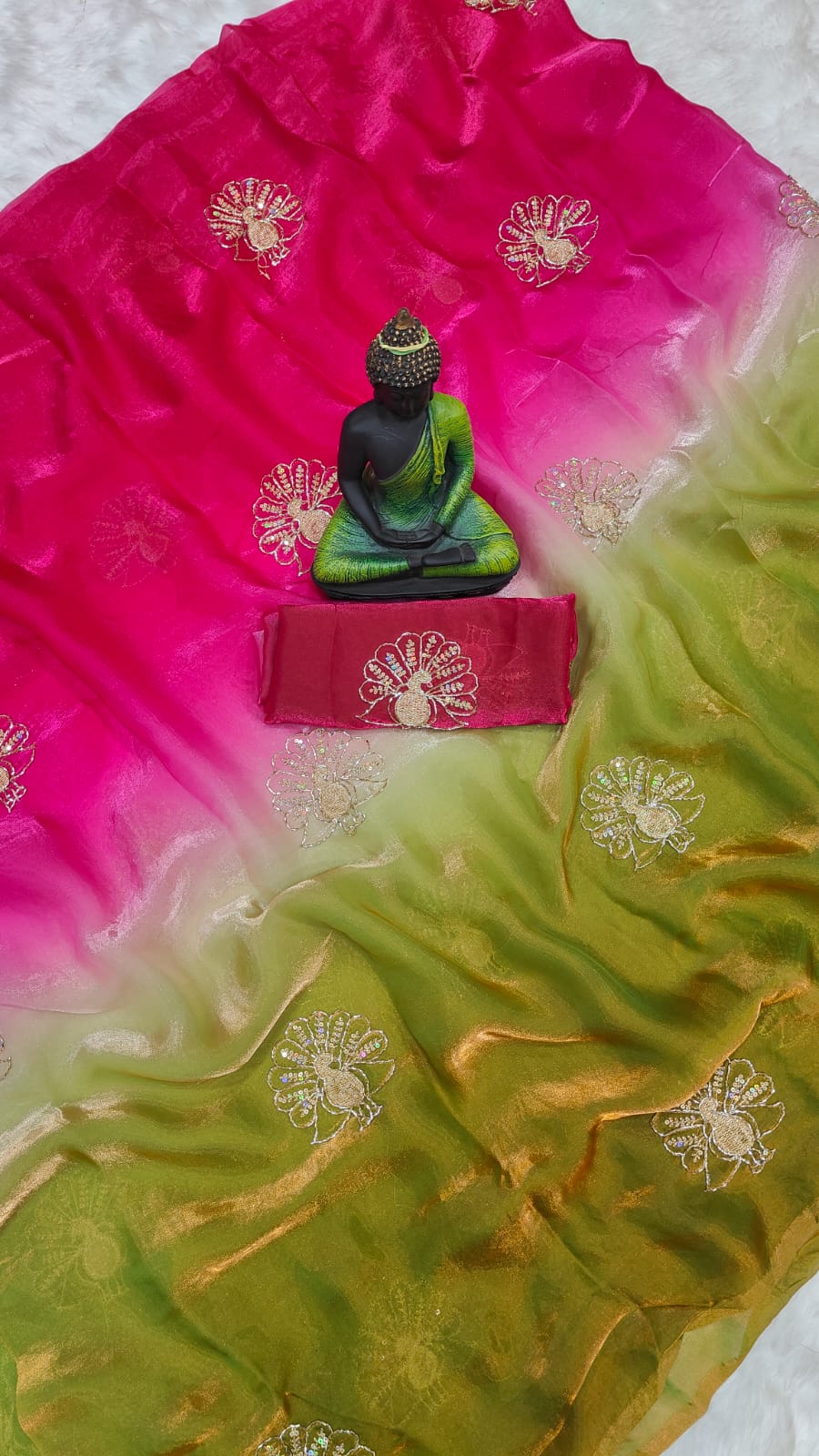Green and Pink Color Fendi Silk Handwork Saree - Image 2
